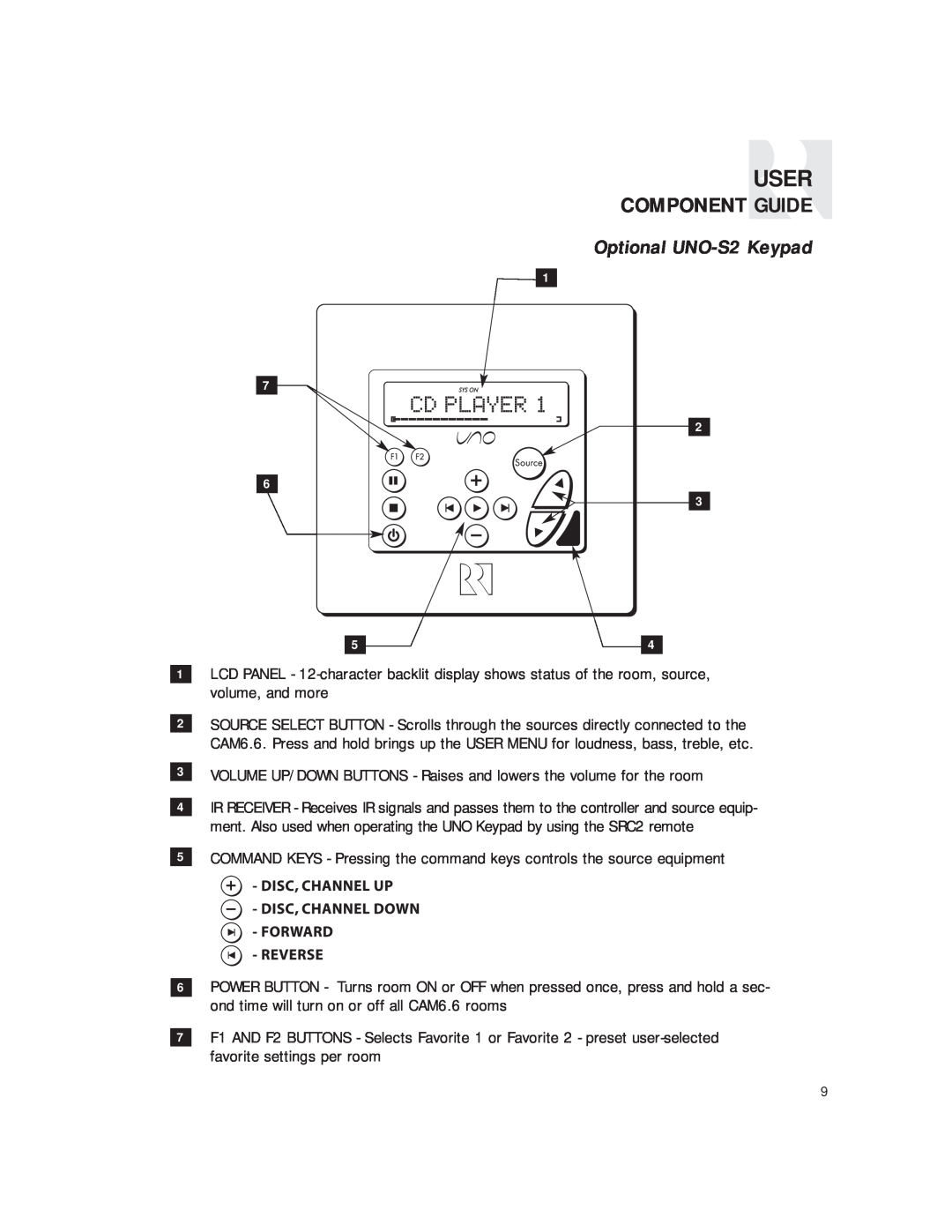 Russound CAM6.6T-S1 instruction manual Optional UNO-S2Keypad, User, Cd Player, Component Guide 