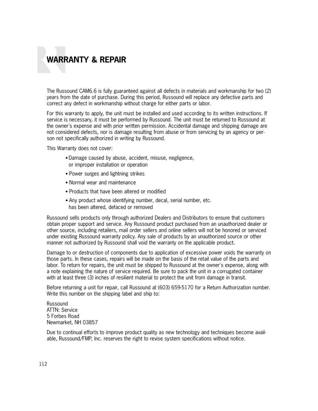 Russound CAM6.6X-S1/S2 instruction manual Warranty & Repair 