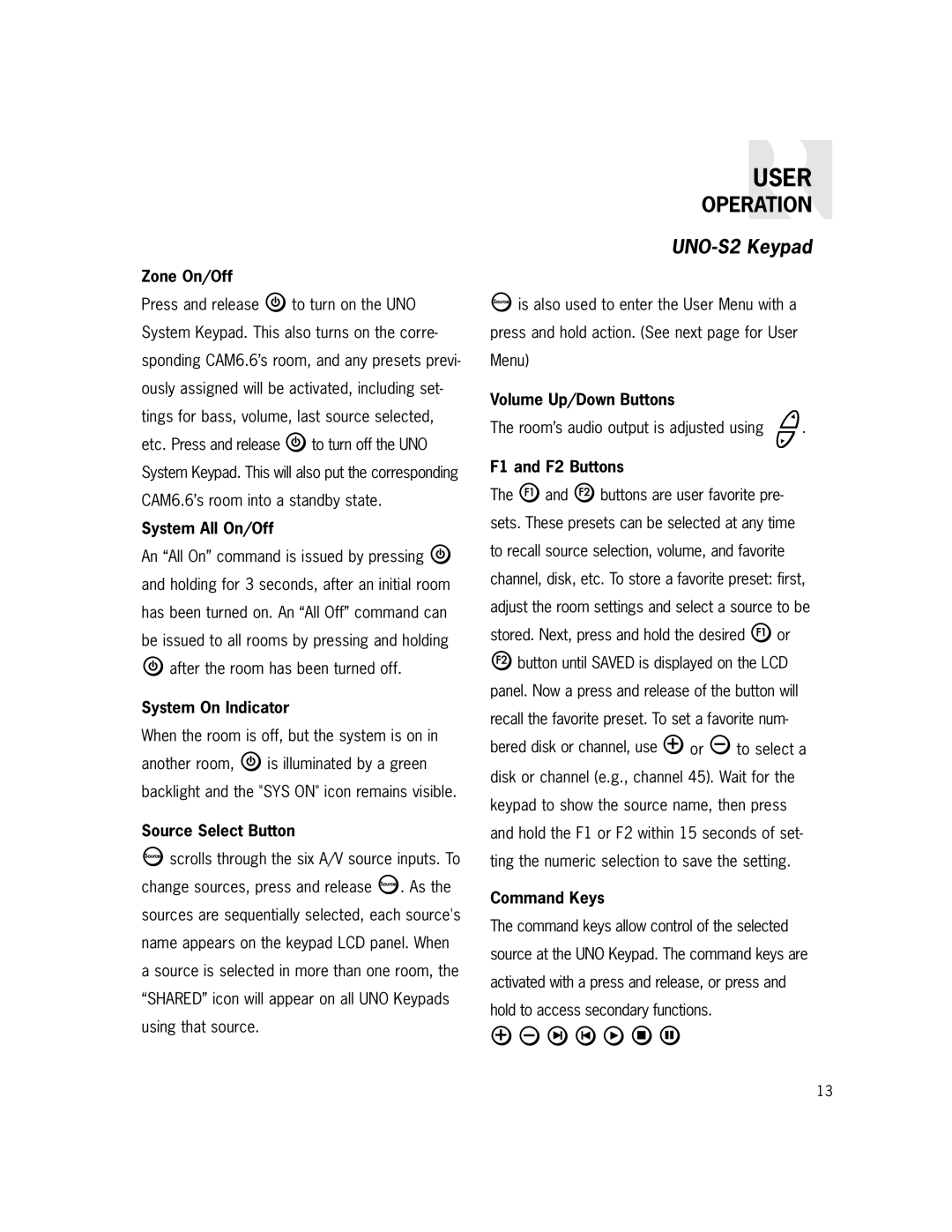 Russound CAM6.6X-S1/S2 instruction manual UNO-S2 Keypad, F1 and F2 Buttons 