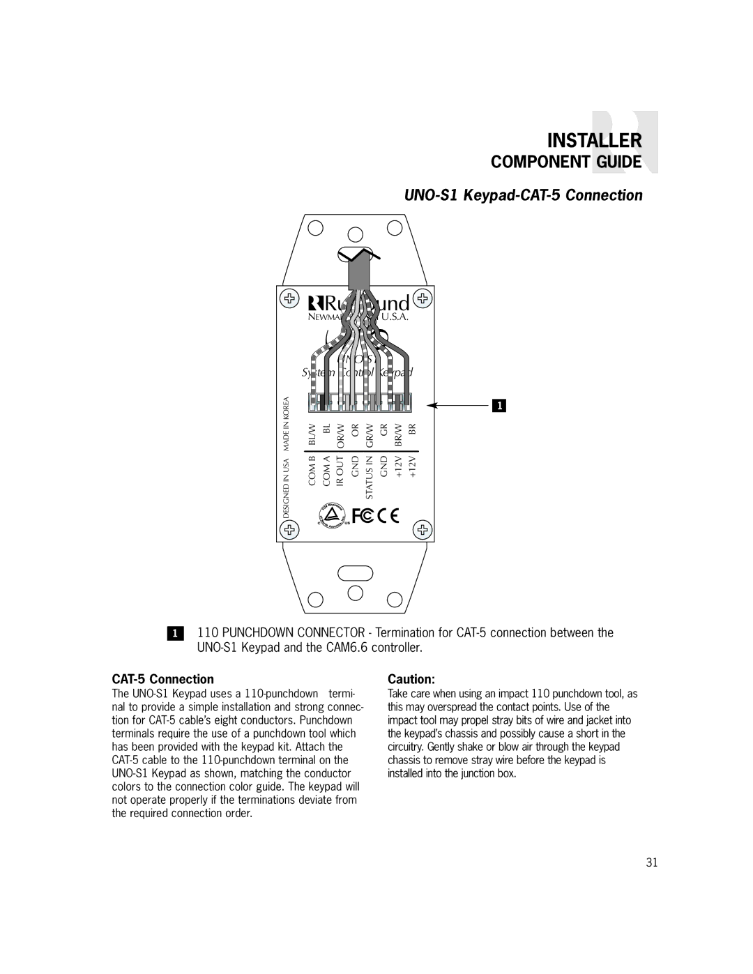 Russound CAM6.6X-S1/S2 instruction manual UNO-S1 Keypad-CAT-5 Connection 