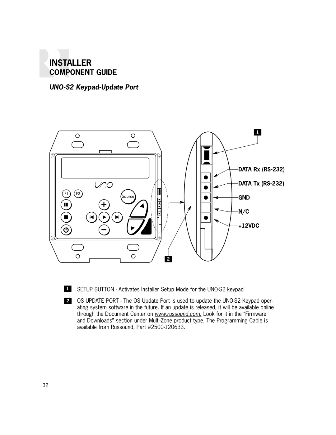 Russound CAM6.6X-S1/S2 instruction manual UNO-S2 Keypad-Update Port, Data Rx RS-232 Data Tx RS-232, Gnd, +12VDC 