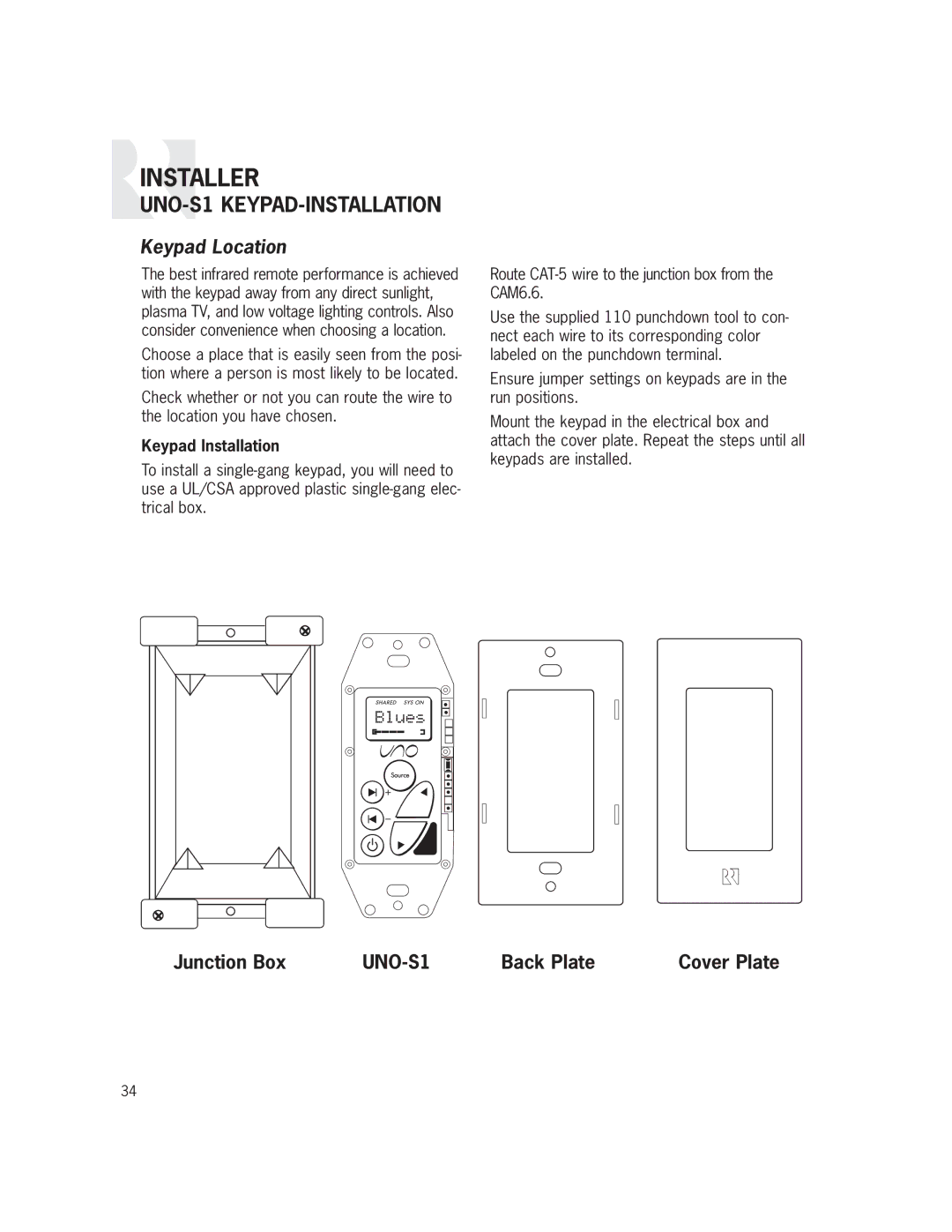 Russound CAM6.6X-S1/S2 instruction manual UNO-S1 KEYPAD-INSTALLATION, Keypad Location 