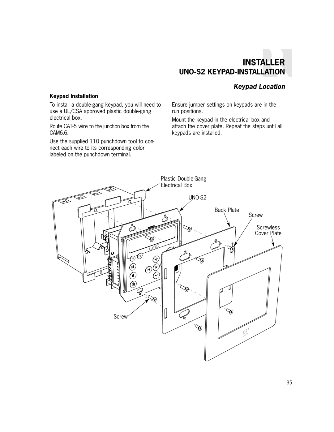 Russound CAM6.6X-S1/S2 instruction manual UNO-S2 KEYPAD-INSTALLATION 