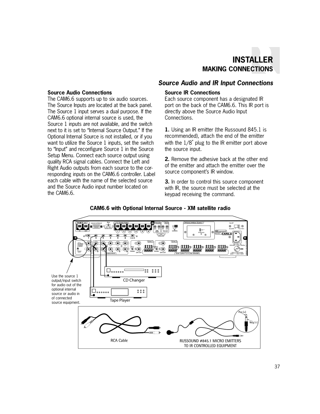 Russound CAM6.6X-S1/S2 Source Audio and IR Input Connections, Source Audio Connections, Source IR Connections 
