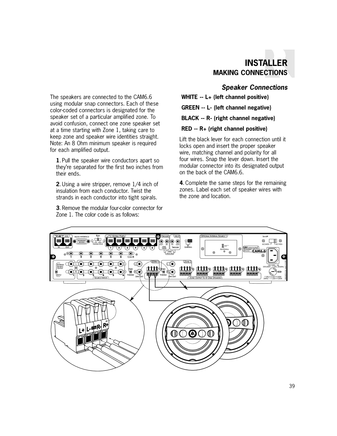 Russound CAM6.6X-S1/S2 instruction manual Speaker Connections 