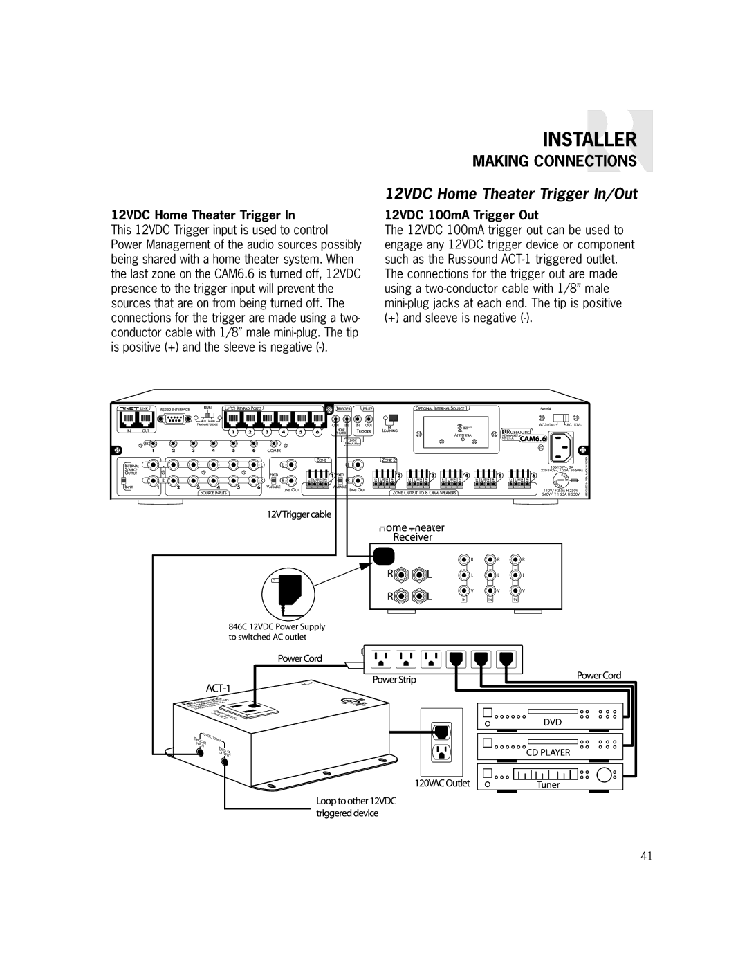 Russound CAM6.6X-S1/S2 instruction manual 12VDC Home Theater Trigger In/Out, 12VDC 100mA Trigger Out 