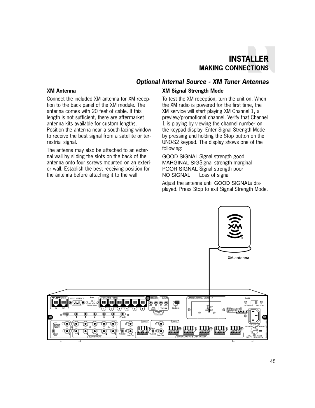 Russound CAM6.6X-S1/S2 instruction manual Optional Internal Source XM Tuner Antennas, XM Antenna, XM Signal Strength Mode 