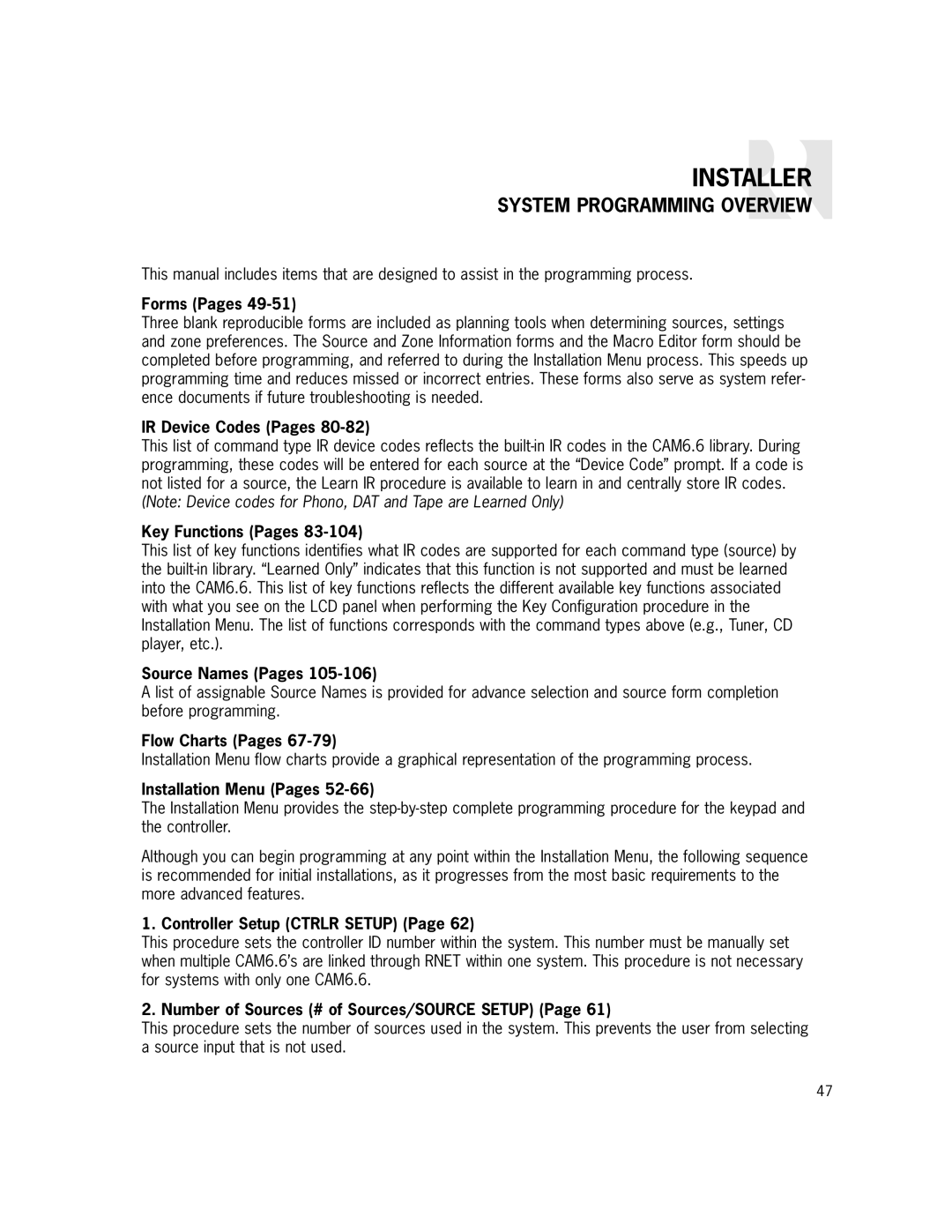 Russound CAM6.6X-S1/S2 Forms Pages, IR Device Codes Pages, Key Functions Pages, Source Names Pages, Flow Charts Pages 