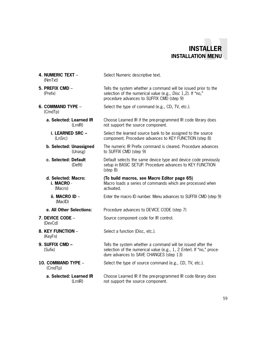 Russound CAM6.6X-S1/S2 instruction manual Numeric Text, Prefix CMD, Selected Learned IR, Suffix CMD 