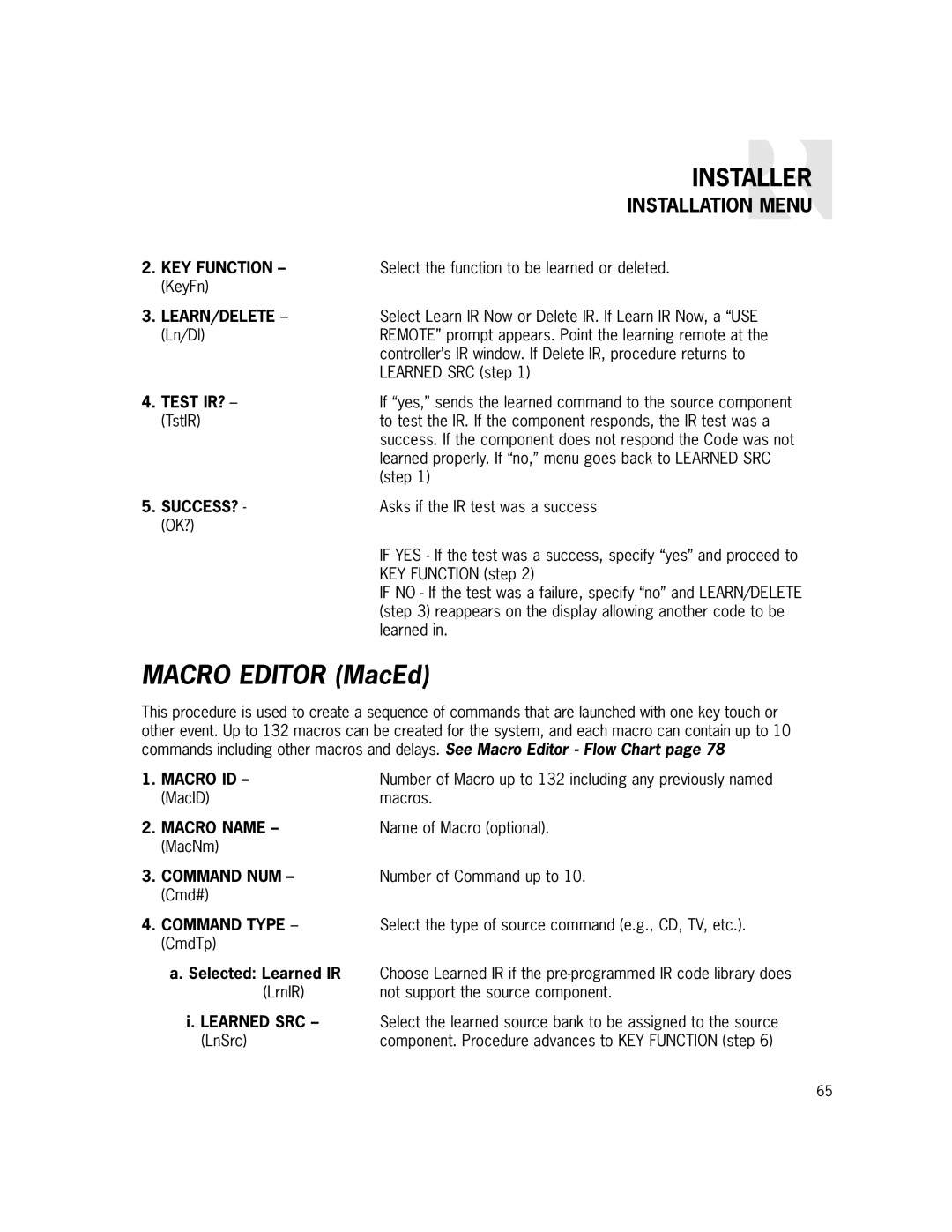 Russound CAM6.6X-S1/S2 instruction manual Learn/Delete, Success?, Macro ID, Macro Name, Command NUM 