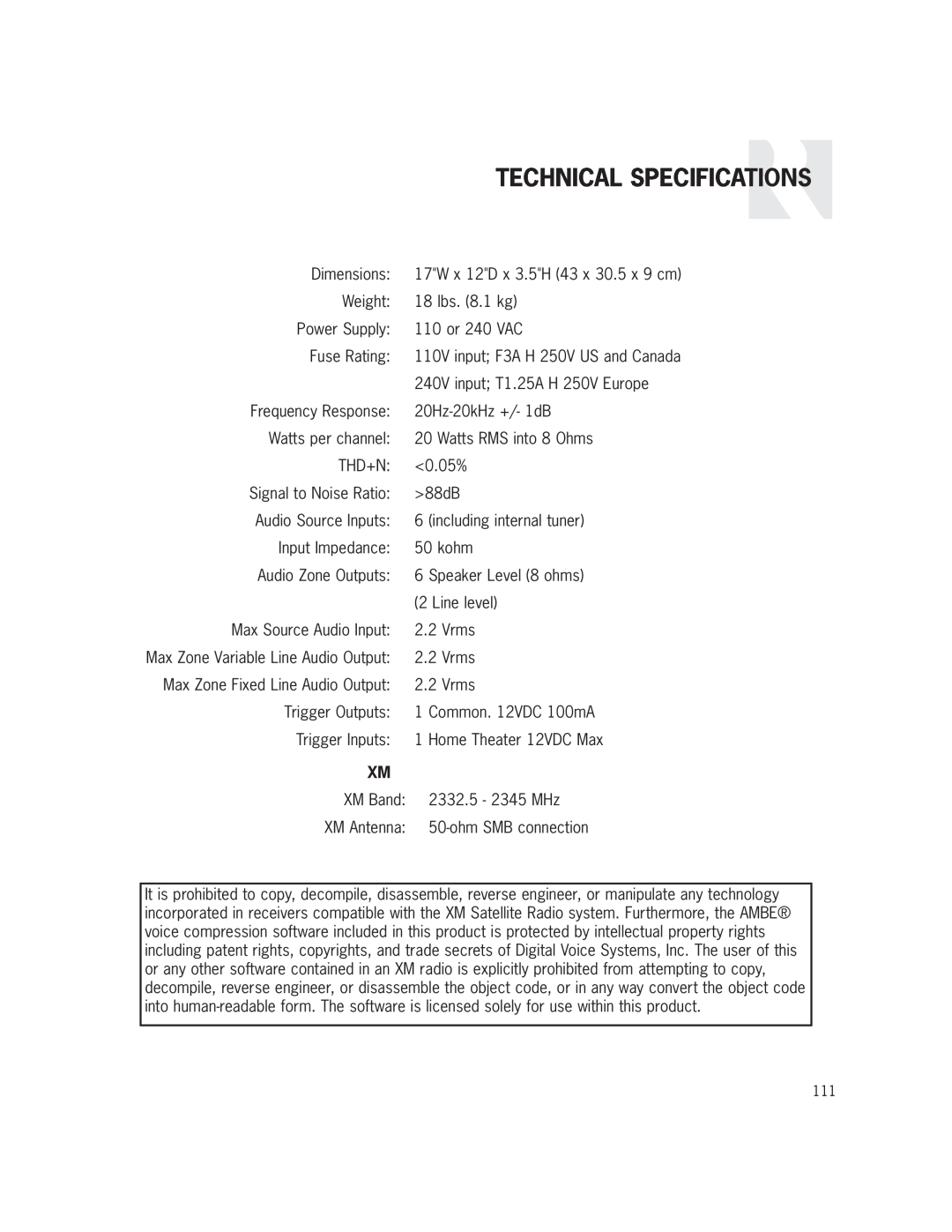 Russound CAM6.6X-S1/S2 instruction manual Technical Specifications 