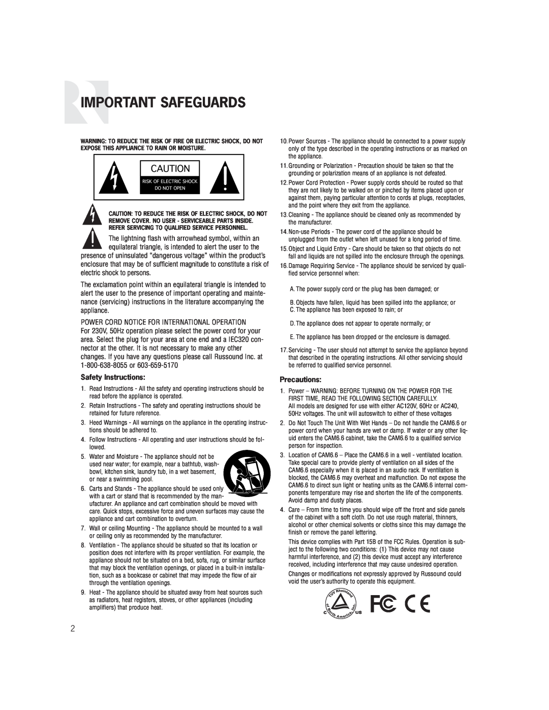 Russound CAM6.6X-S1/S2 instruction manual Important Safeguards, Safety Instructions, Precautions 