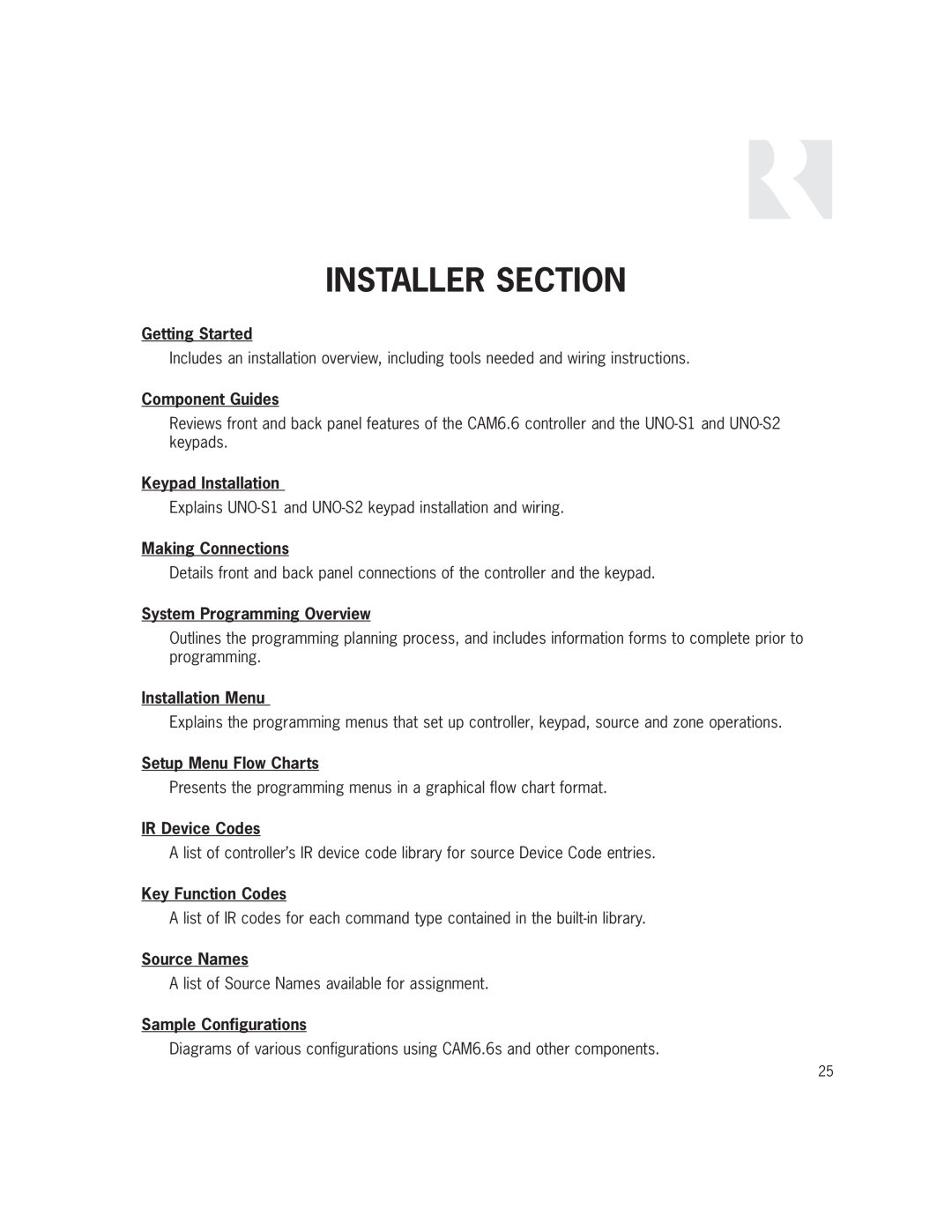 Russound CAM6.6X-S1/S2 Installer Section, System Programming Overview, Installation Menu, Setup Menu Flow Charts 