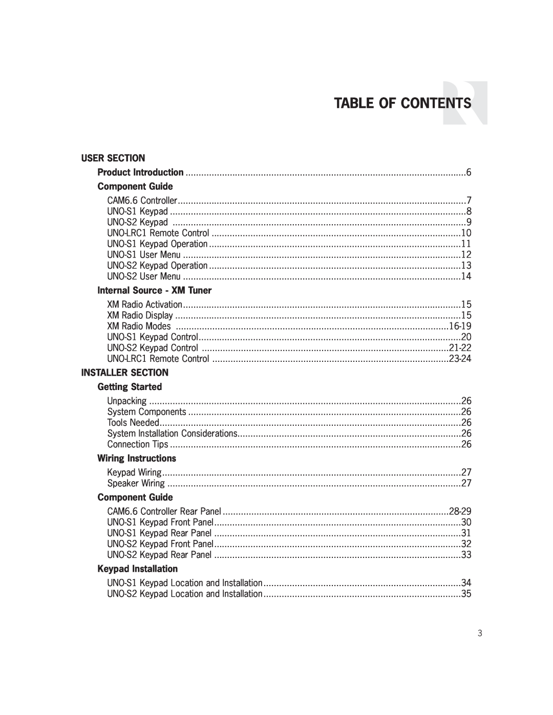 Russound CAM6.6X-S1/S2 Table Of Contents, User Section, Component Guide, Internal Source - XM Tuner, Installer Section 