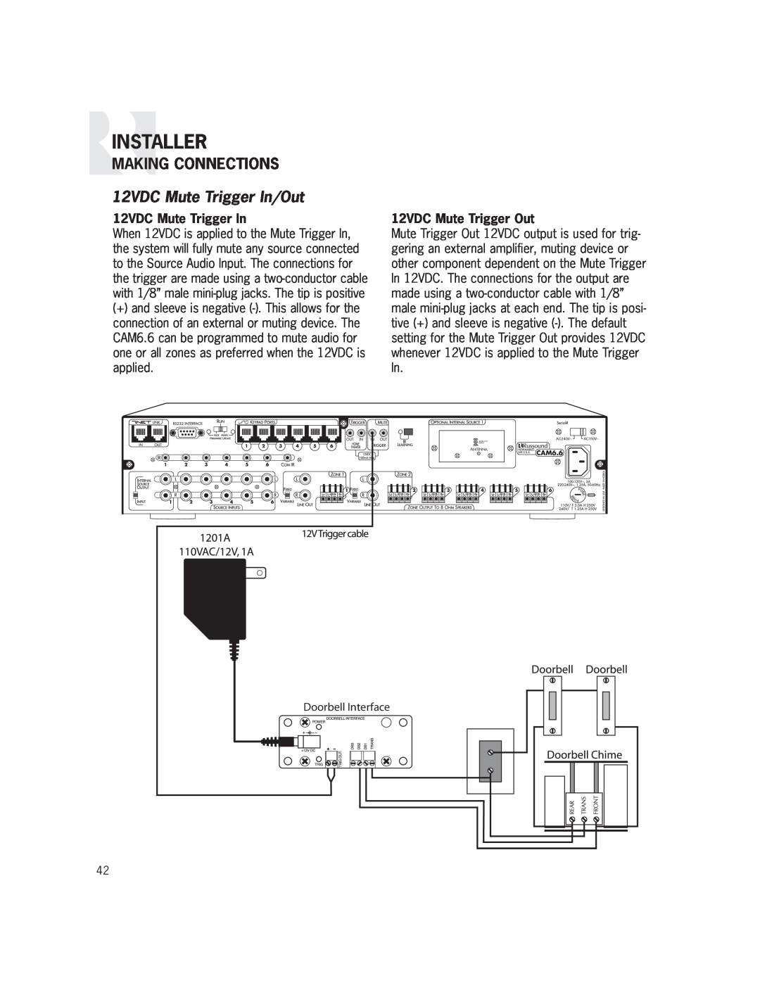 Russound CAM6.6X-S1/S2 instruction manual 12VDC Mute Trigger In/Out, 12VDC Mute Trigger Out, Installer, Making Connections 