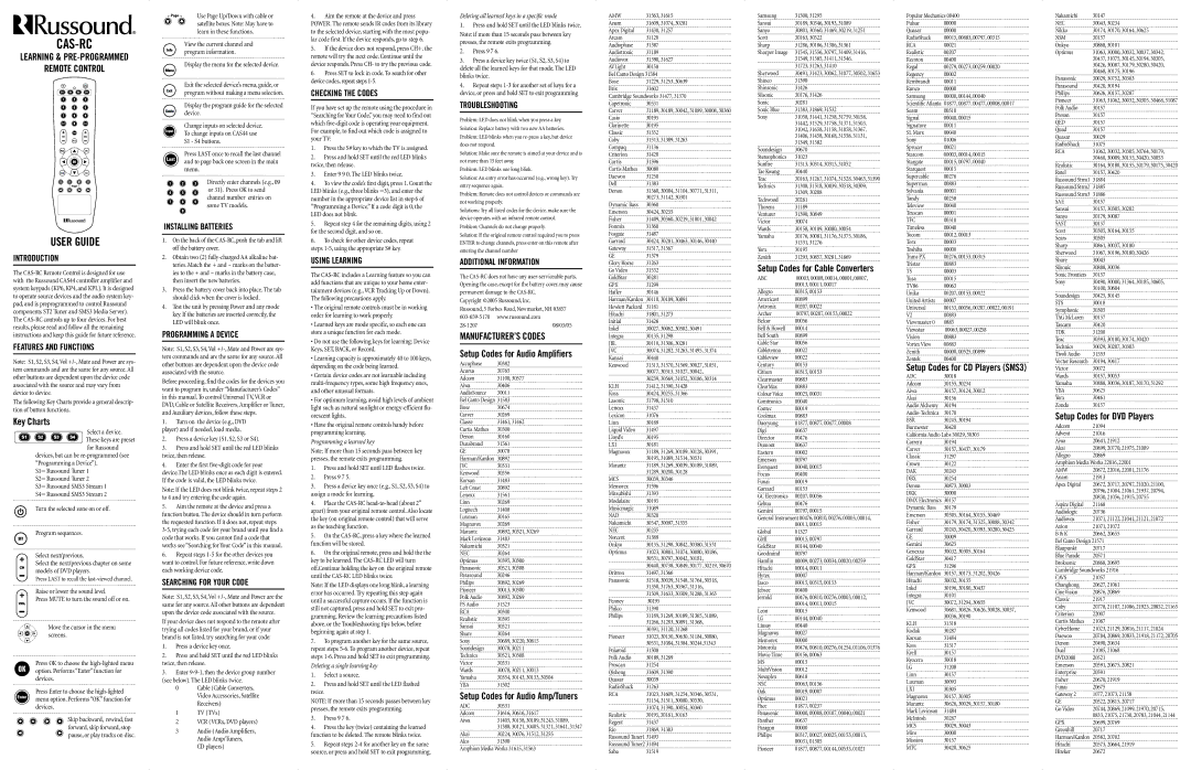 Russound CAS-RC user service Learning & PRE-PROGRAMMED, Introduction, Features and Functions, Installing Batteries 