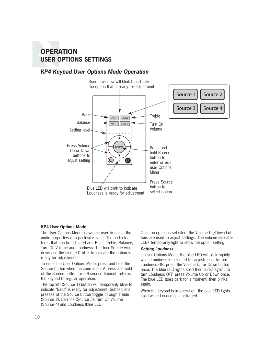 Russound CAS44 manual User Options Settings, KP4 Keypad User Options Mode Operation 