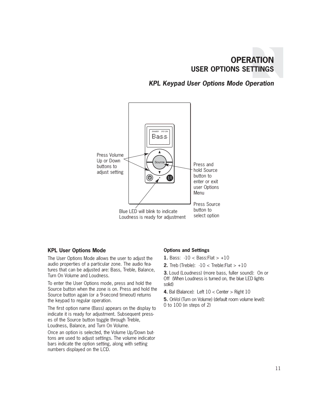 Russound CAS44 manual KPL Keypad User Options Mode Operation, KPL User Options Mode 