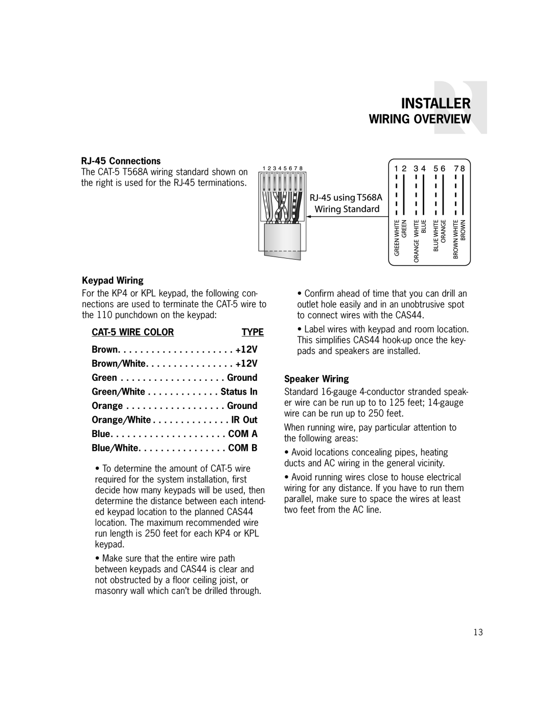 Russound CAS44 manual Wiring Overview, RJ-45 Connections, Keypad Wiring, Speaker Wiring 