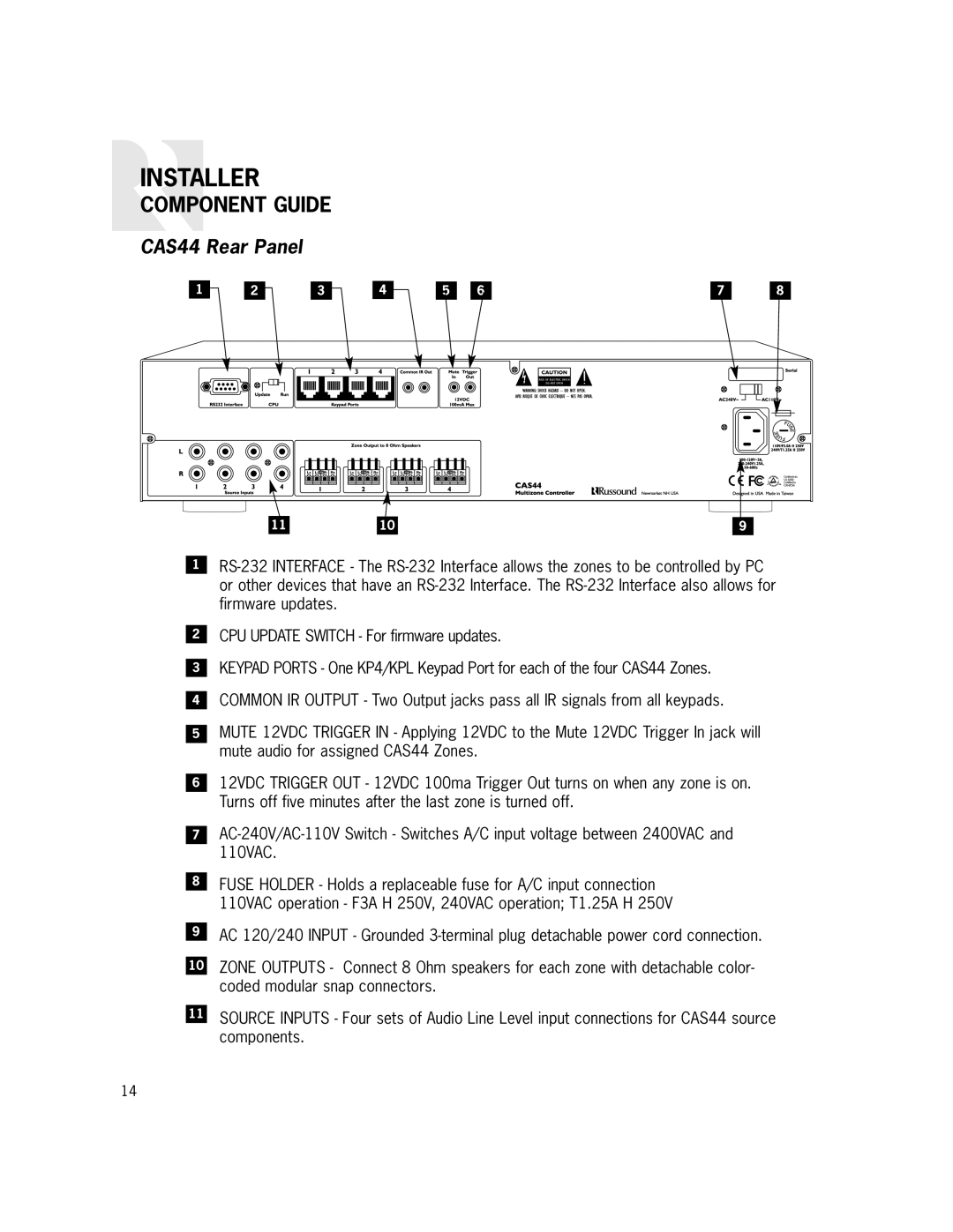 Russound manual Component Guide, CAS44 Rear Panel 