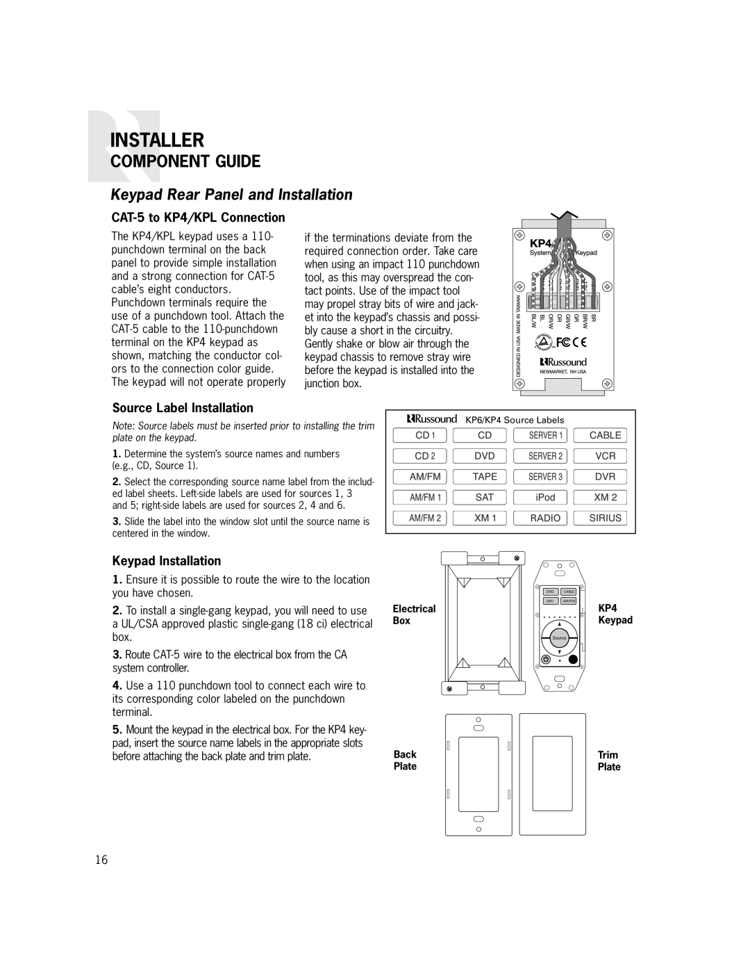 Russound CAS44 manual Keypad Rear Panel and Installation, CAT-5 to KP4/KPL Connection, Source Label Installation 