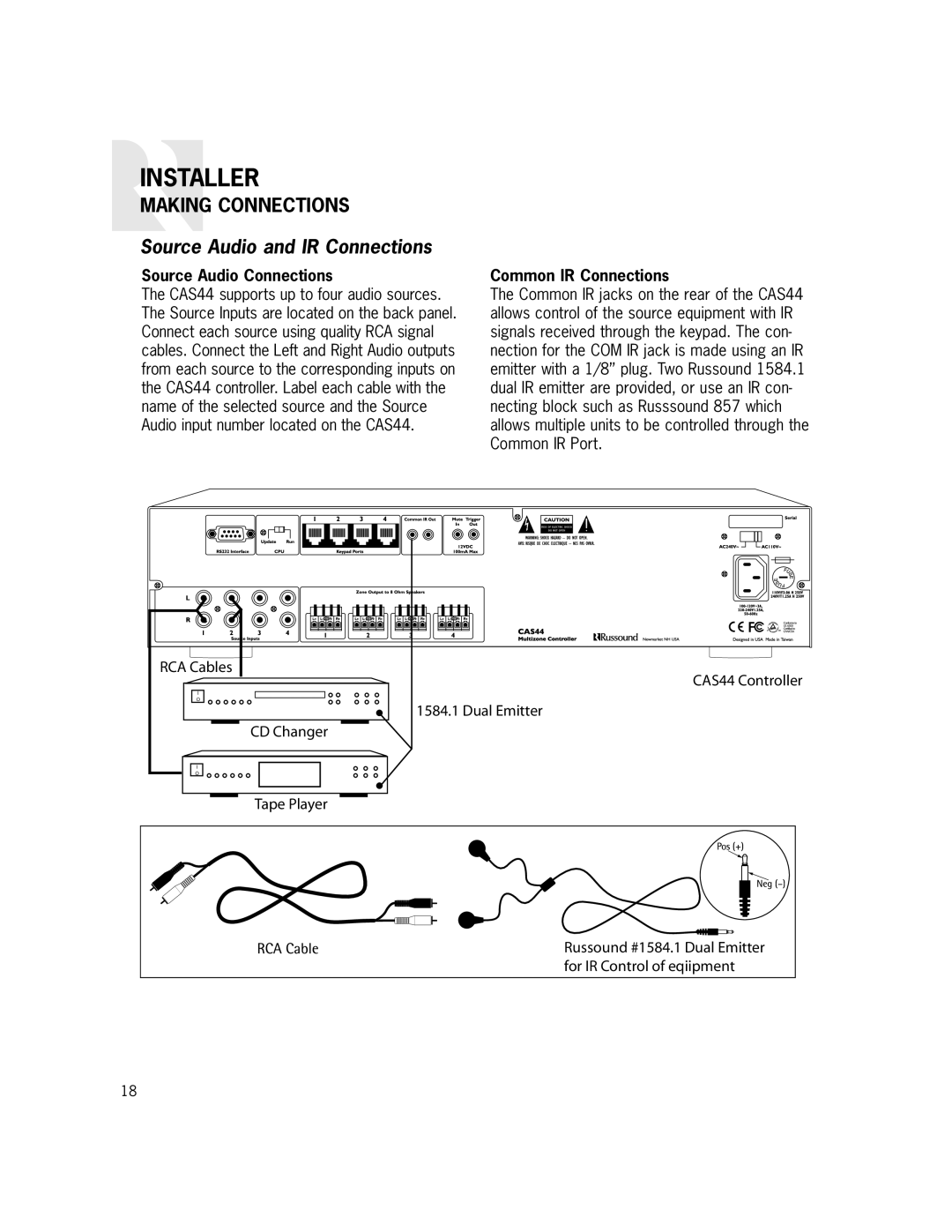 Russound CAS44 manual Source Audio and IR Connections, Source Audio Connections, Common IR Connections 