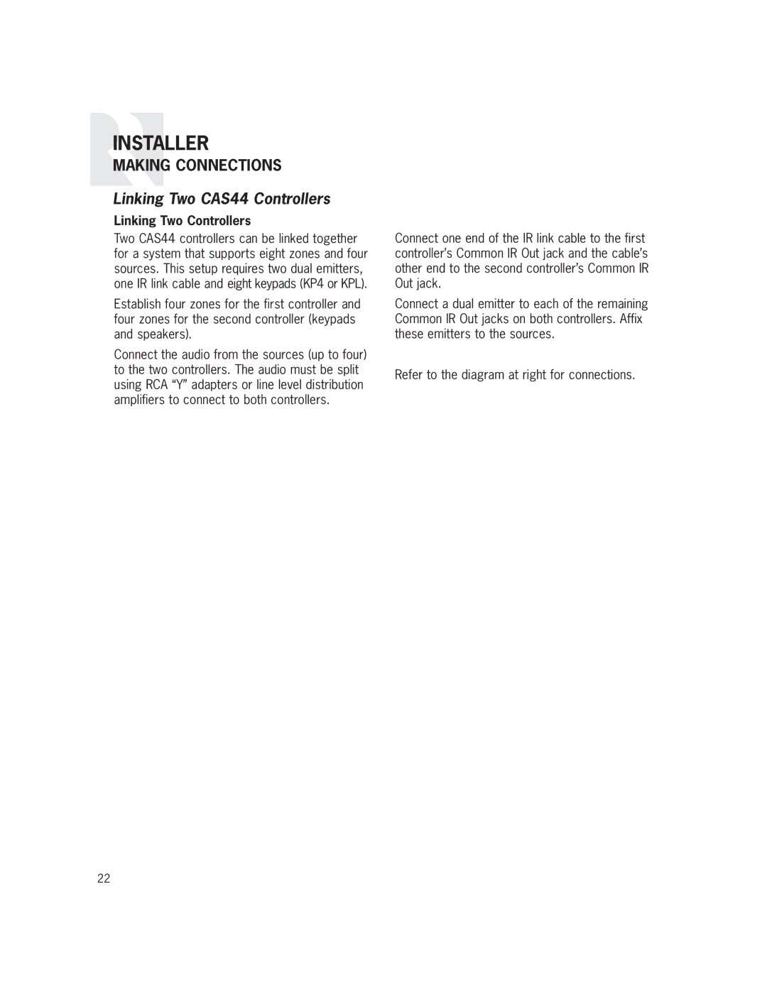 Russound manual Linking Two CAS44 Controllers, Linking Two Controllers 