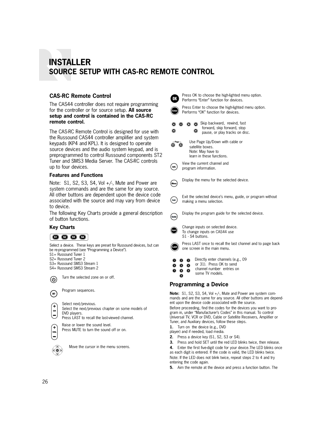 Russound CAS44 manual Source Setup with CAS-RC Remote Control, Programming a Device 