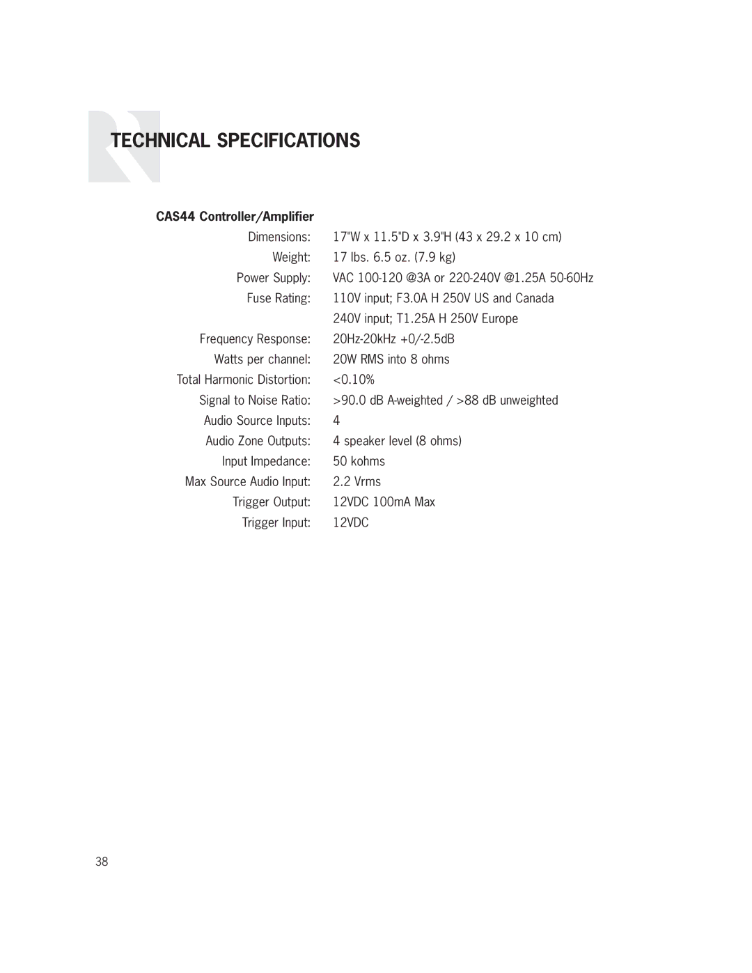 Russound manual Technical Specifications, CAS44 Controller/Amplifier 