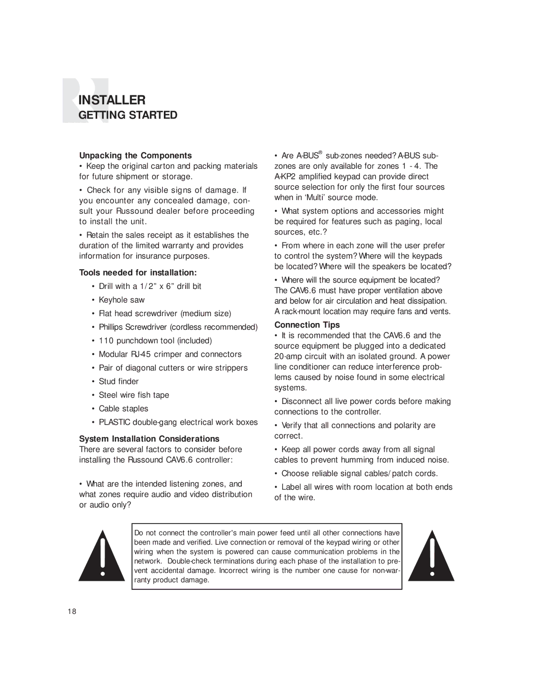 Russound CAV6.6 Six-Zone Getting Started, Unpacking the Components, Tools needed for installation, Connection Tips 