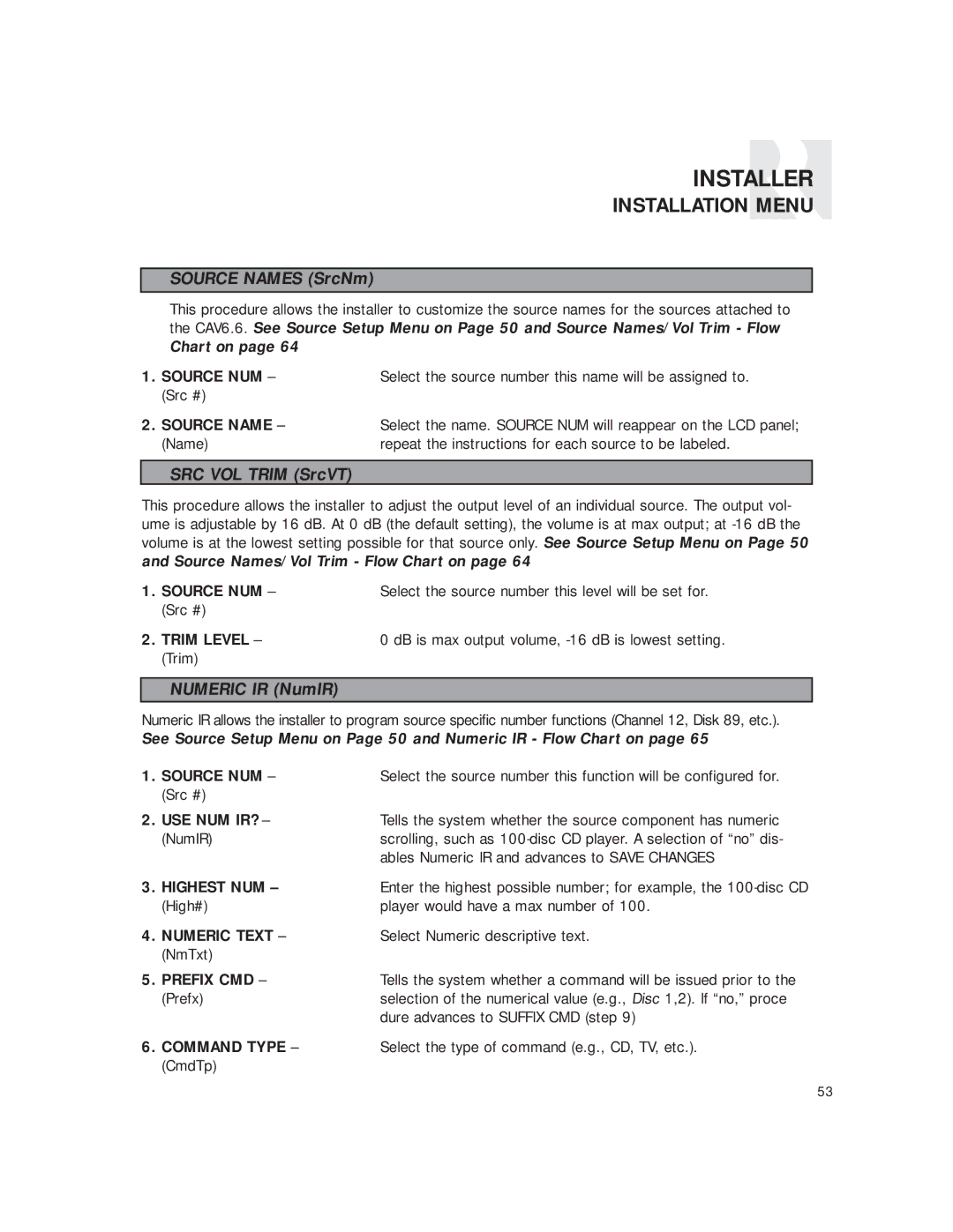 Russound CAV6.6 Six-Zone instruction manual Trim Level, Numeric Text, Prefix CMD 