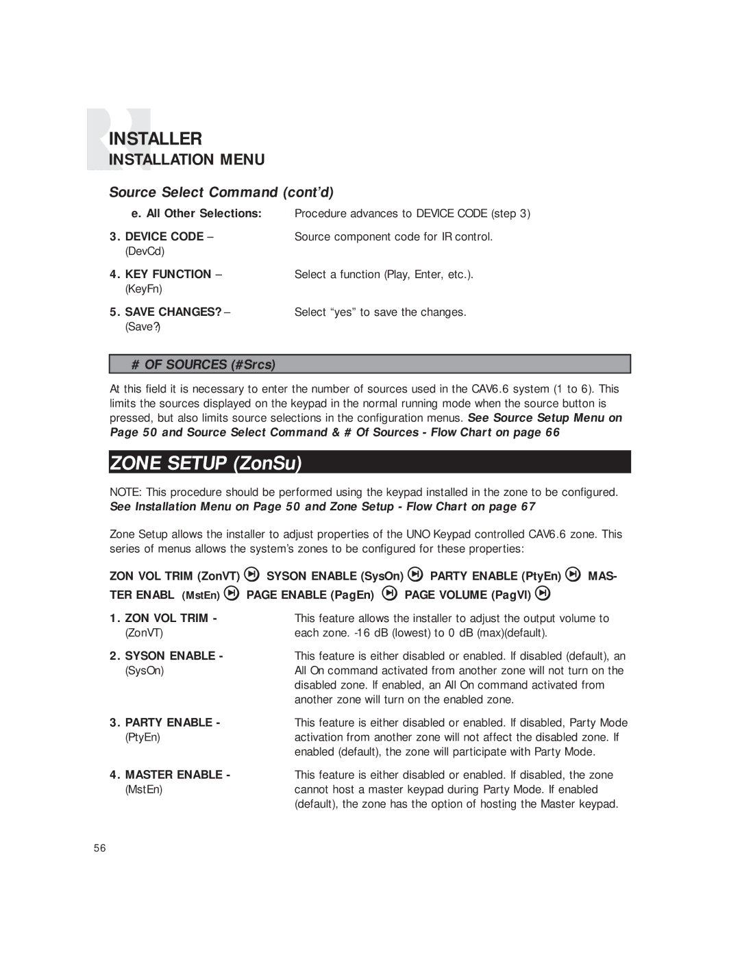 Russound CAV6.6 Six-Zone Source Select Command cont’d, ZON VOL Trim, Syson Enable, Party Enable, Master Enable 