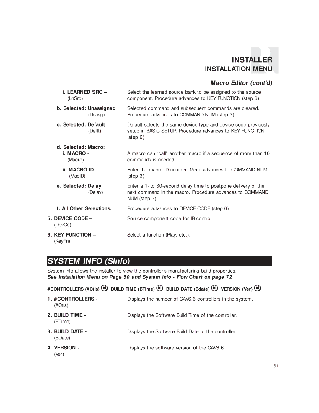 Russound CAV6.6 Six-Zone instruction manual Macro Editor cont’d, #Controllers, Build Time, Build Date, Version 