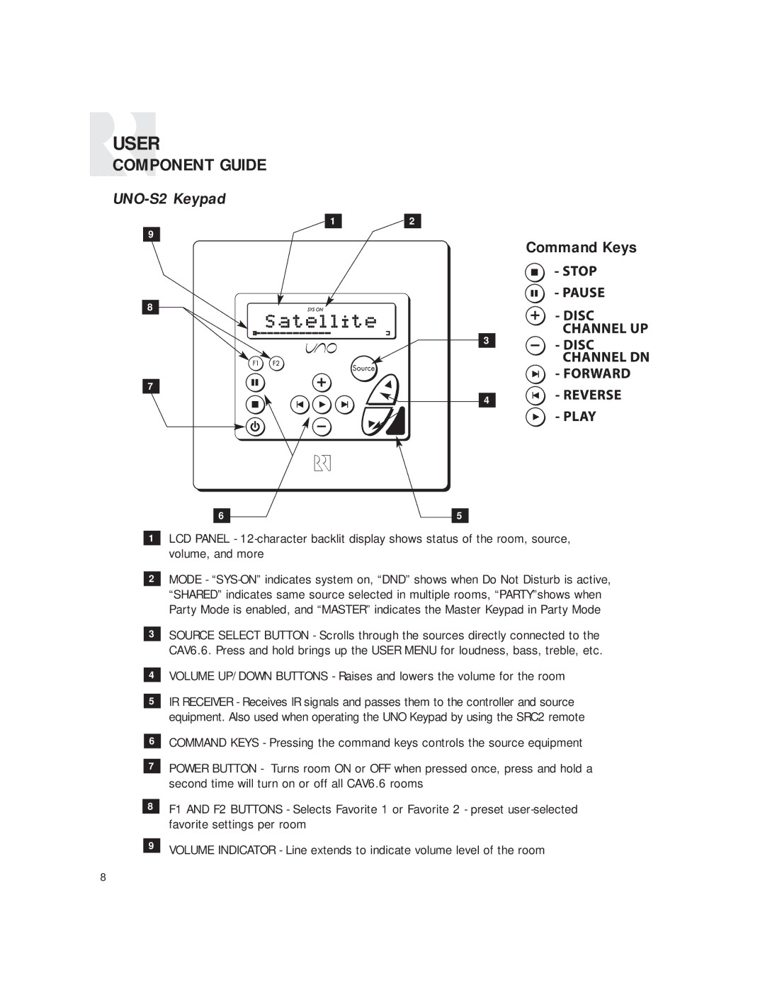 Russound CAV6.6 Six-Zone instruction manual UNO-S2 Keypad, Command Keys 