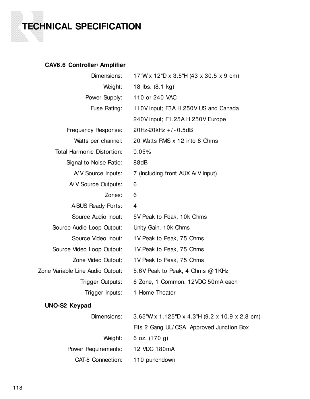 Russound CAV6.6-S2 instruction manual Technical Specification, CAV6.6 Controller/Amplifier, UNO-S2 Keypad 