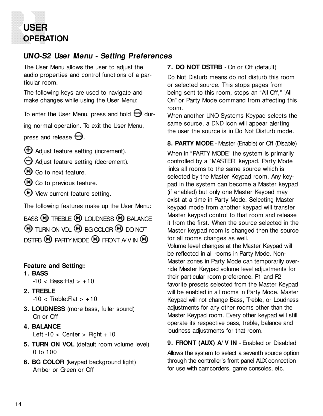 Russound CAV6.6-S2 instruction manual UNO-S2 User Menu Setting Preferences, Feature and Setting 1. Bass, Treble, Balance 