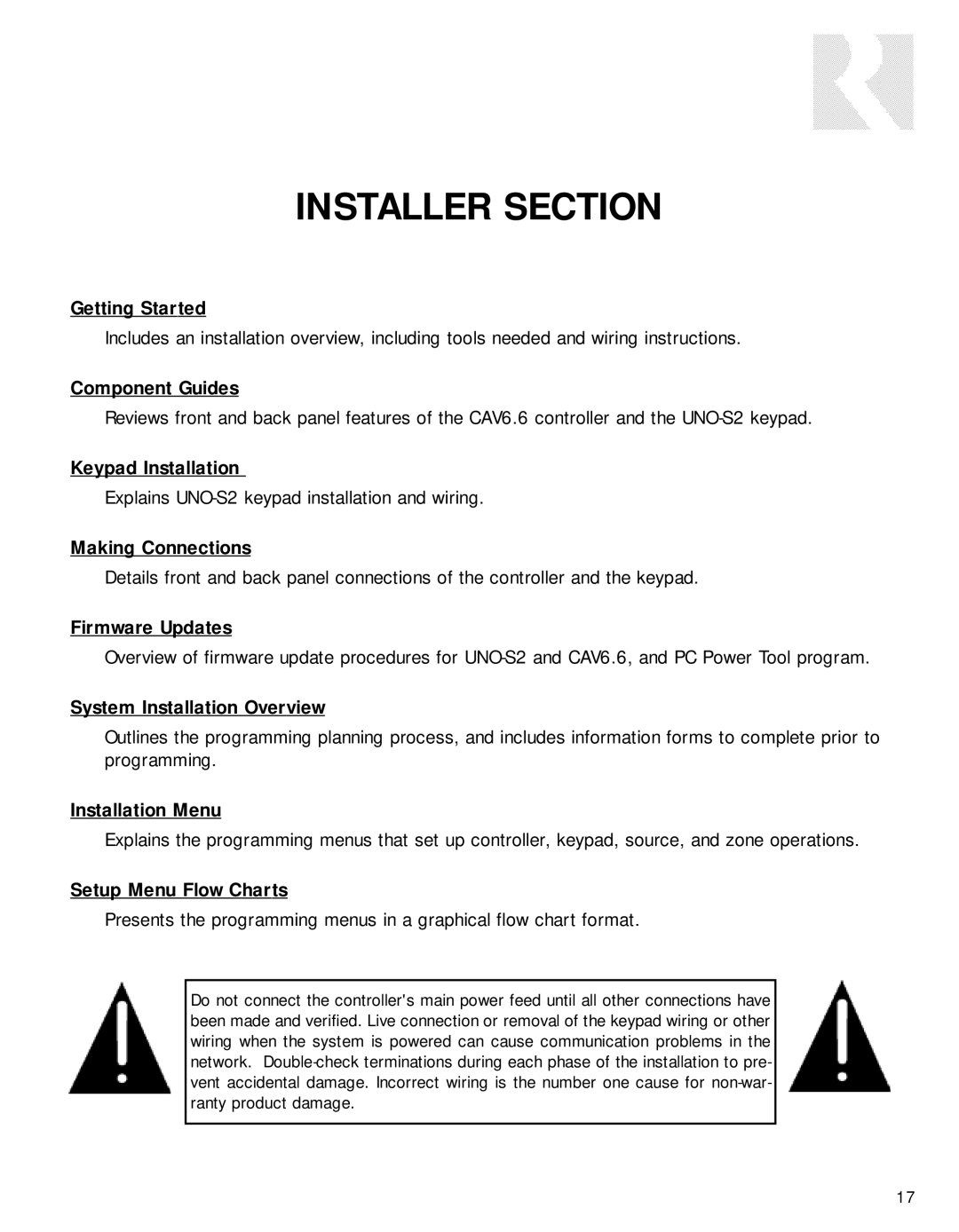 Russound CAV6.6-S2 Getting Started, Keypad Installation, Making Connections, Firmware Updates, Installation Menu 