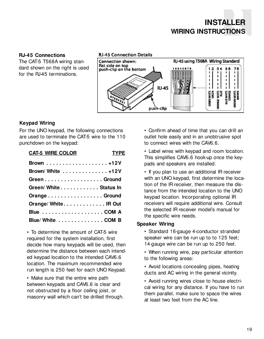 Russound CAV6.6-S2 Wiring Instructions, RJ-45 Connections, Keypad Wiring, CAT-5 Wire Color Type, Speaker Wiring 