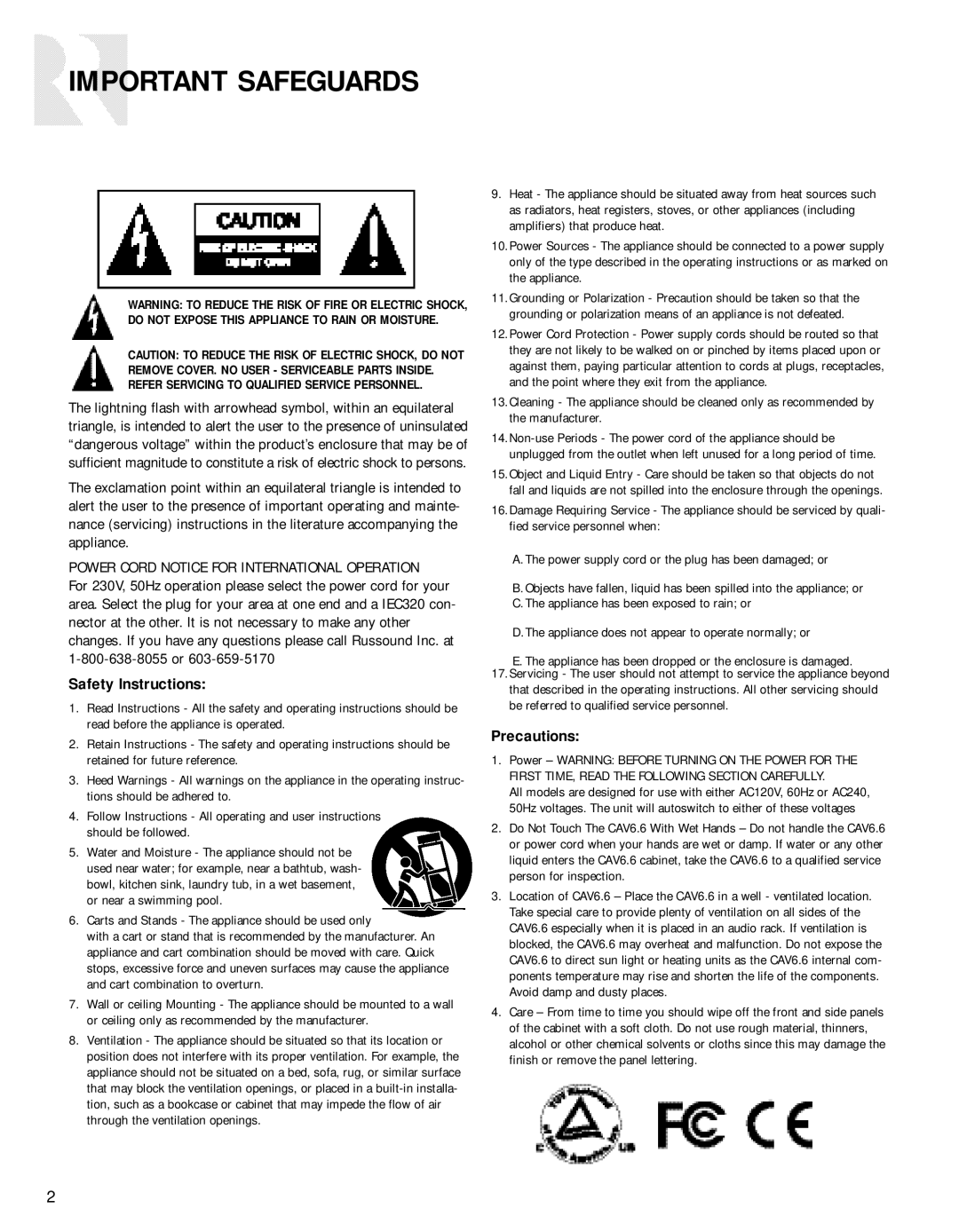 Russound CAV6.6-S2 instruction manual Important Safeguards, Power Cord Notice for International Operation 