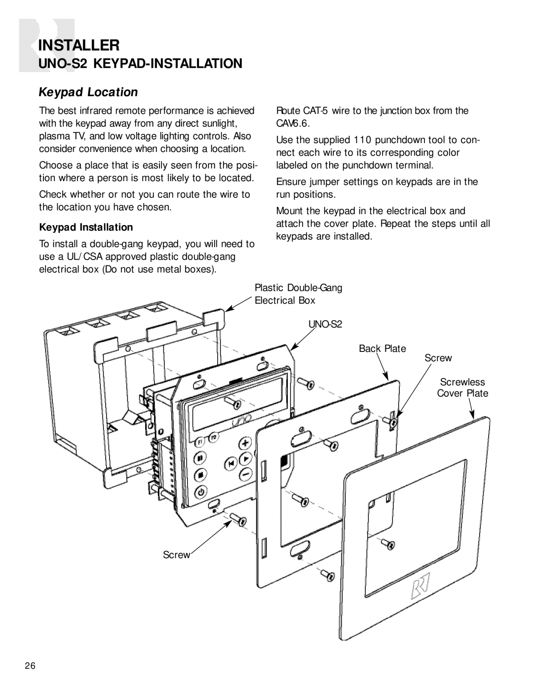 Russound CAV6.6-S2 instruction manual UNO-S2 KEYPAD-INSTALLATION, Keypad Location 