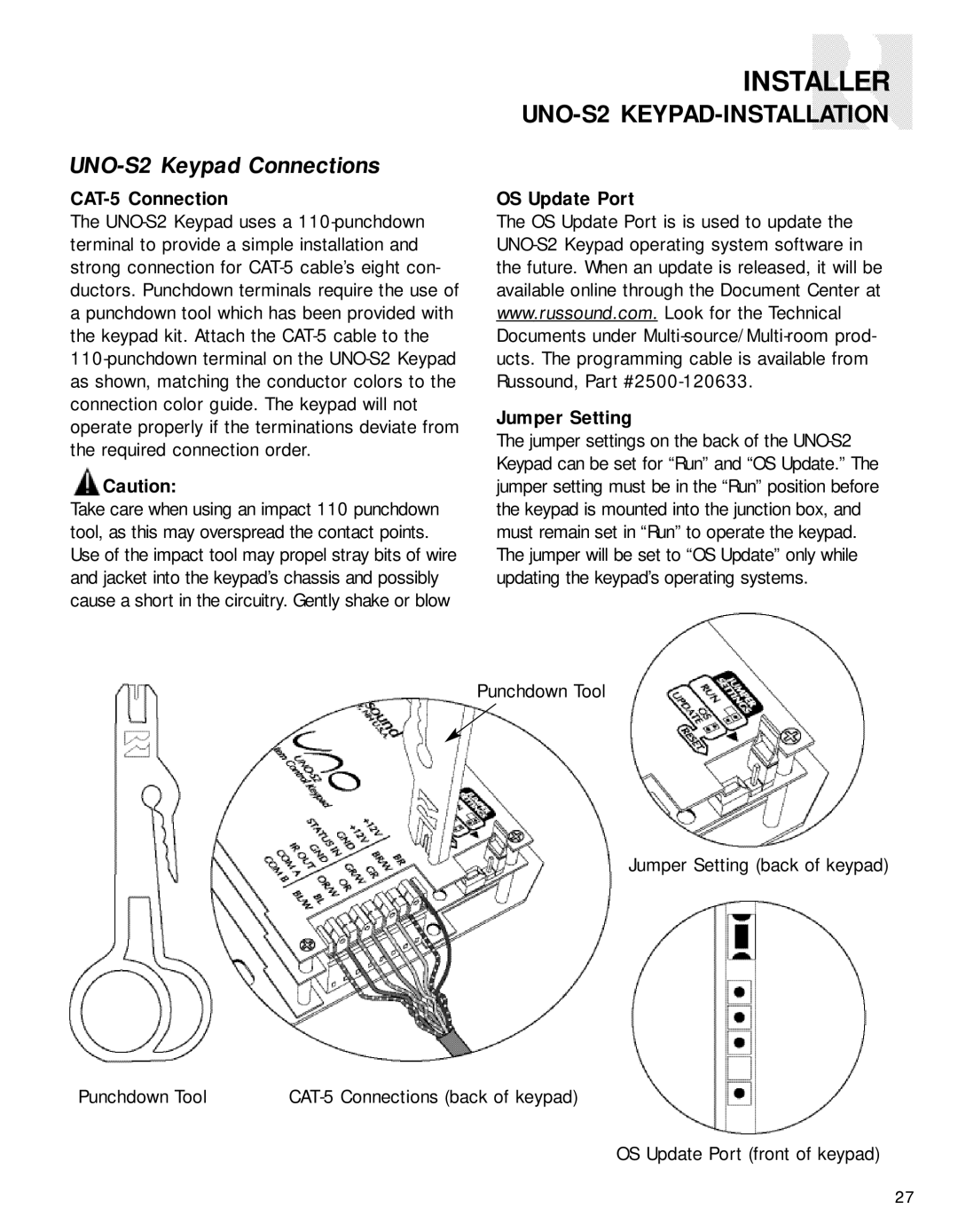 Russound CAV6.6-S2 instruction manual UNO-S2 Keypad Connections, CAT-5 Connection, OS Update Port Jumper Setting 