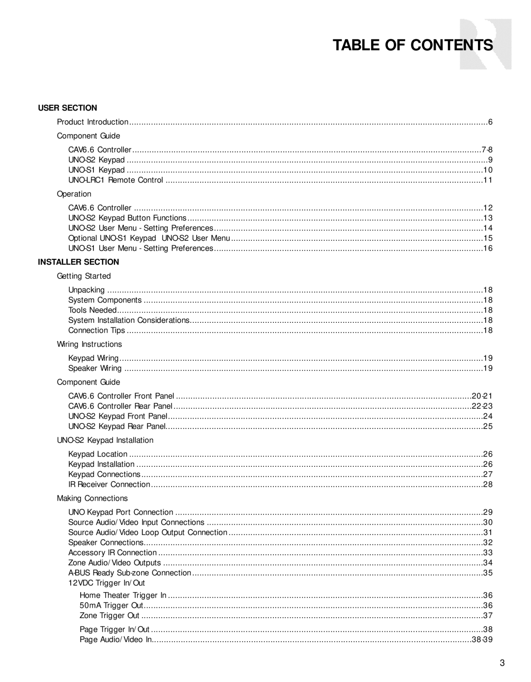 Russound CAV6.6-S2 instruction manual Table of Contents 