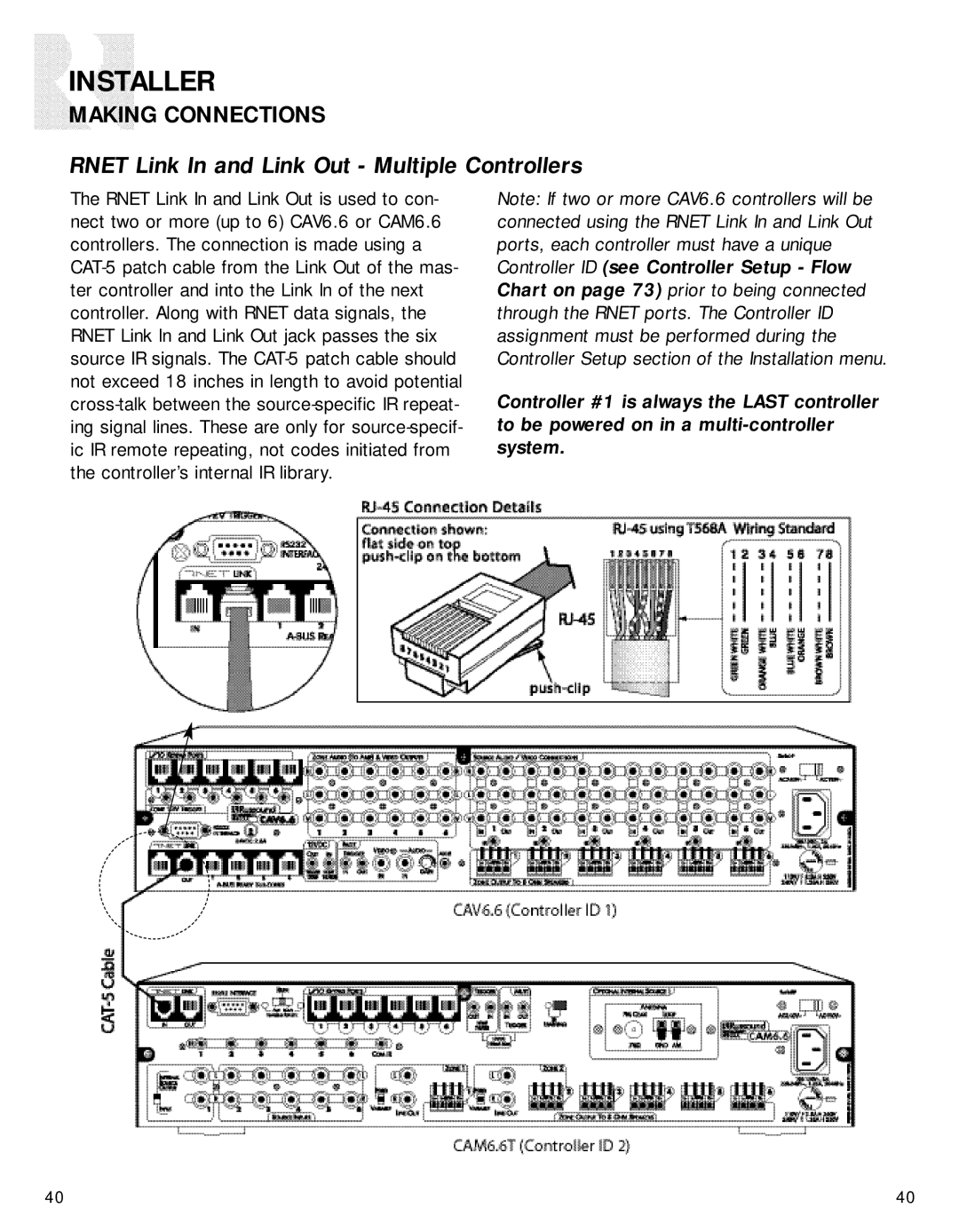 Russound CAV6.6-S2 instruction manual Rnet Link In and Link Out Multiple Controllers 