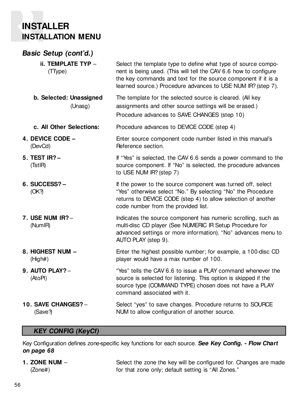 Russound CAV6.6-S2 instruction manual Basic Setup cont’d, Ii. Template TYP TType, Zone NUM 