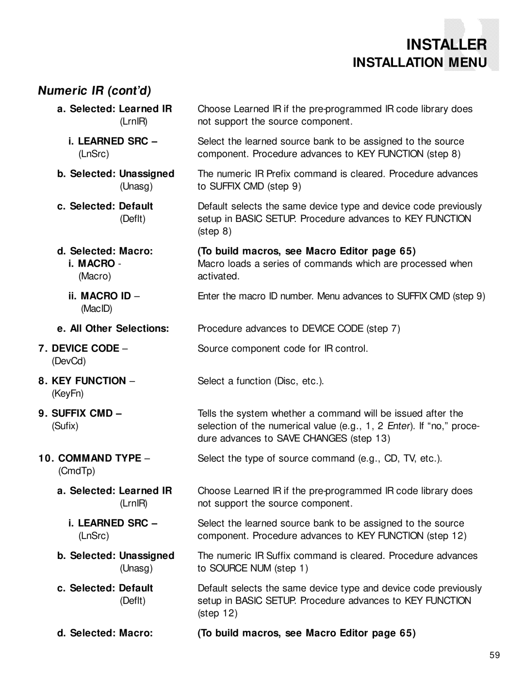 Russound CAV6.6-S2 instruction manual Numeric IR cont’d, Device Code, KEY Function, Suffix CMD 