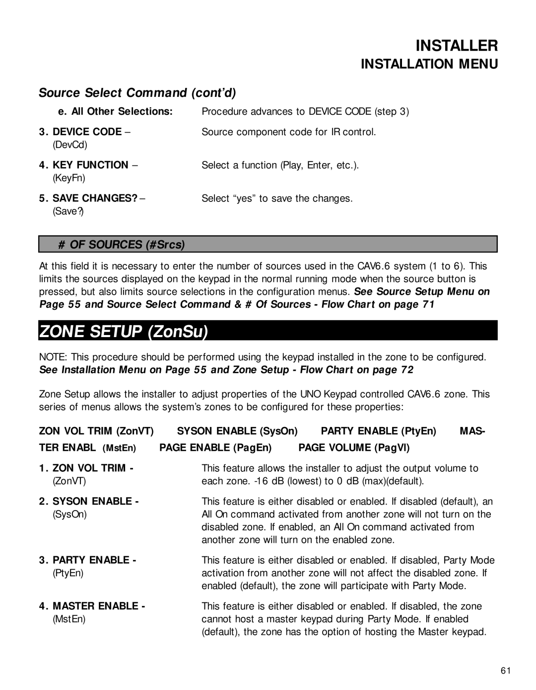 Russound CAV6.6-S2 instruction manual Source Select Command cont’d, ZON VOL Trim, Syson Enable, Party Enable, Master Enable 