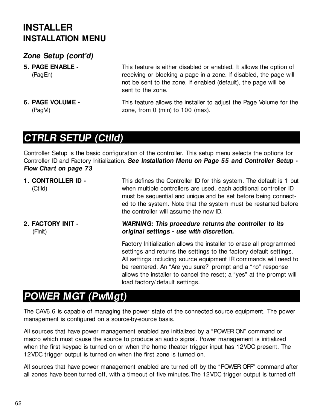 Russound CAV6.6-S2 instruction manual Zone Setup cont’d, Enable, Volume, Controller ID CtlId Factory Init FInit 