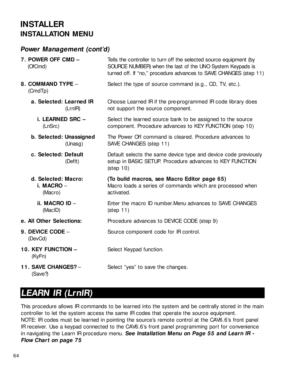 Russound CAV6.6-S2 instruction manual Learn IR LrnIR, Power OFF CMD OfCmd 