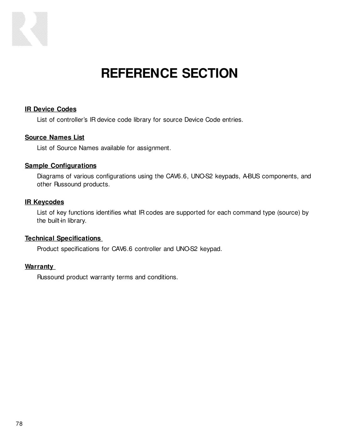 Russound CAV6.6-S2 IR Device Codes, Source Names List, Sample Configurations, IR Keycodes, Technical Specifications 