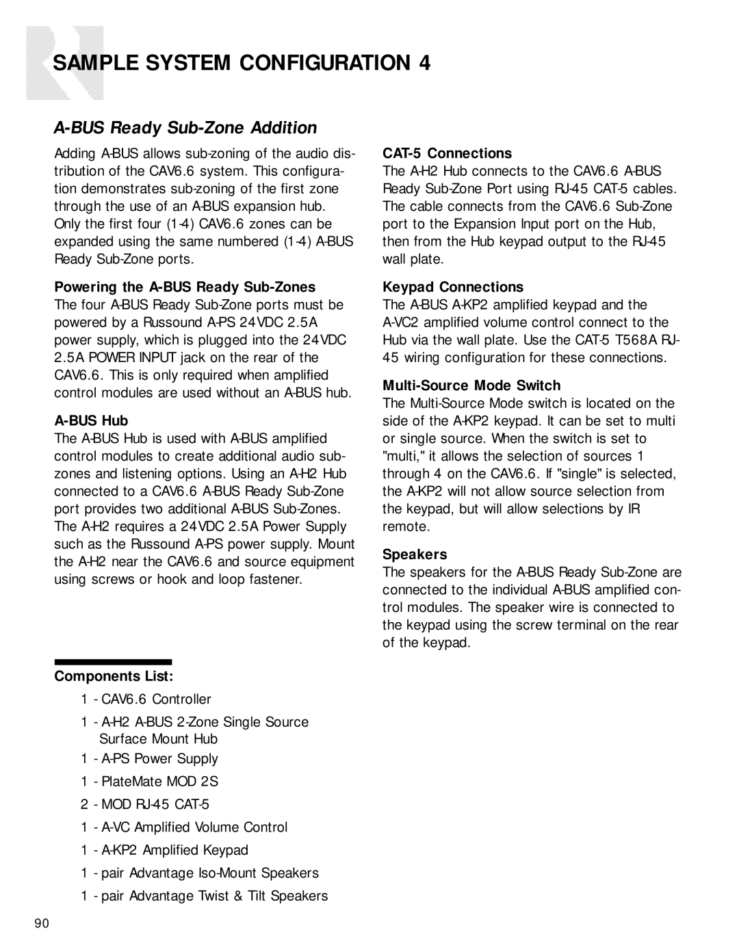 Russound CAV6.6-S2 BUS Ready Sub-Zone Addition, BUS Hub, CAT-5 Connections, Keypad Connections, Multi-Source Mode Switch 
